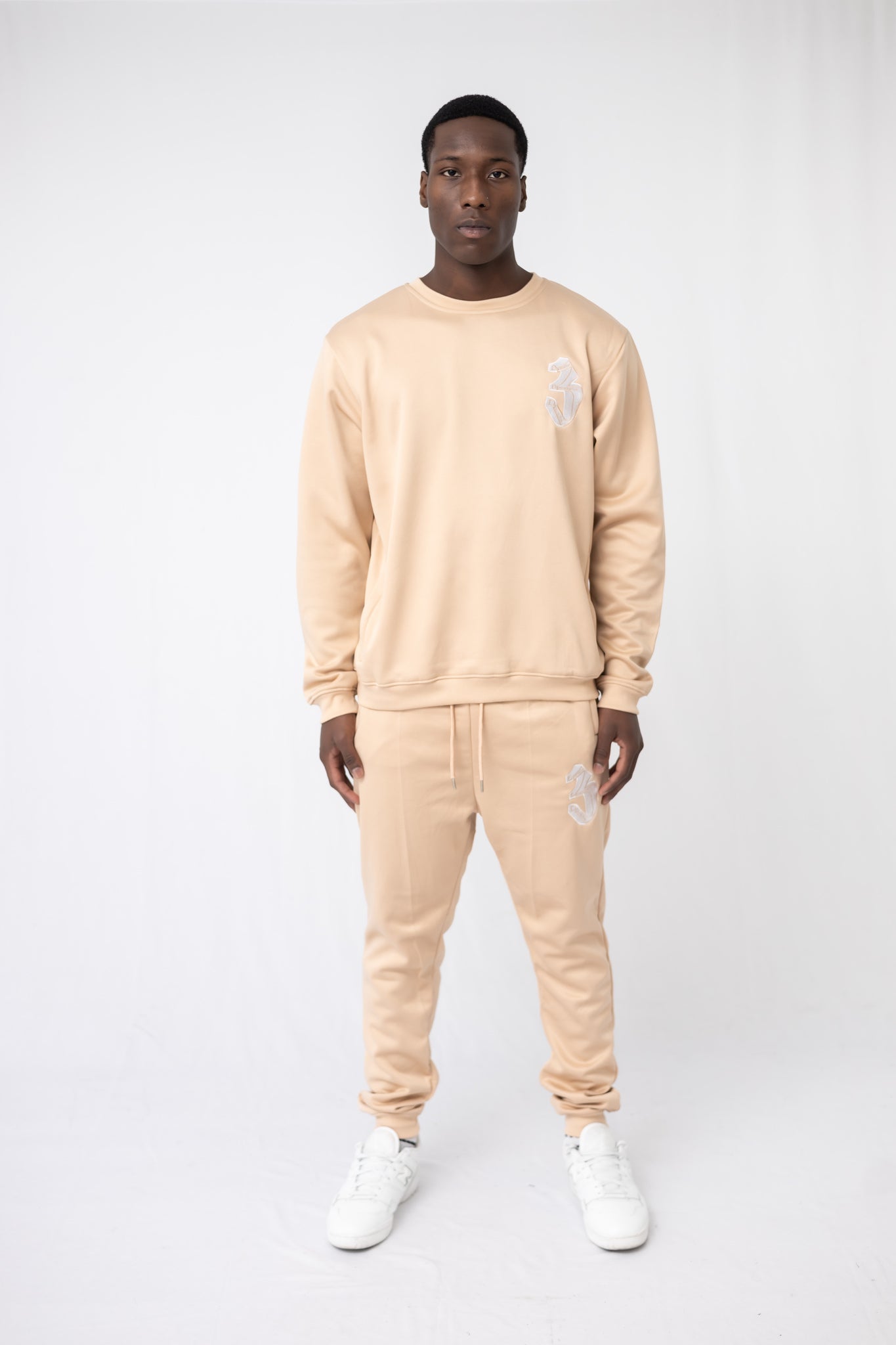 “Beige Crewneck Tracksuit | Casual Unisex Loungewear Set for Comfort”